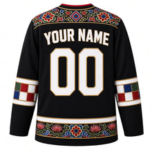 Load image into Gallery viewer, South Korea Original Hockey Jersey in Ink Black, back view with your name and number – dancheong yoke and jogakbo patchwork sleeve bands