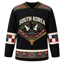 Load image into Gallery viewer, South Korea Original Hockey Jersey in Ink Black, front view – dancheong yoke and folding-fan crane and mugunghwa crest with ornate detailed artwork, custom name and number