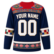 Load image into Gallery viewer, South Korea Original Hockey Jersey in Joseon Blue, back view with your name and number – dancheong yoke and jogakbo patchwork sleeve bands