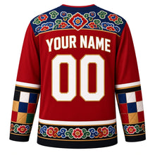 Load image into Gallery viewer, South Korea Original Hockey Jersey in Dancheong Red, back view with your name and number – dancheong yoke and jogakbo patchwork sleeve bands