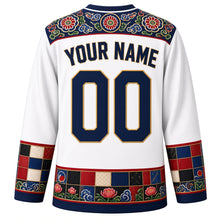 Load image into Gallery viewer, South Korea Original Hockey Jersey in Hanji White, back view with your name and number – dancheong yoke and jogakbo patchwork sleeve bands