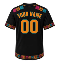 Load image into Gallery viewer, South Side Papel Picado Milwaukee Baseball Jersey in Night Market Black, back view with your name and number – tile-pattern stripe sleeves