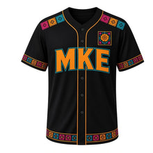 Load image into Gallery viewer, South Side Papel Picado Milwaukee Baseball Jersey in Night Market Black, front view – papel picado flag row and marigold-tile crest, custom name and number