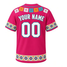 Load image into Gallery viewer, South Side Papel Picado Milwaukee Baseball Jersey in Fiesta Fuchsia, back view with your name and number – tile-pattern stripe sleeves