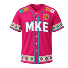 Load image into Gallery viewer, South Side Papel Picado Milwaukee Baseball Jersey in Fiesta Fuchsia, front view – papel picado flag row and marigold-tile crest, custom name and number