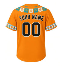 Load image into Gallery viewer, South Side Papel Picado Milwaukee Baseball Jersey in Marigold Orange, back view with your name and number – tile-pattern stripe sleeves