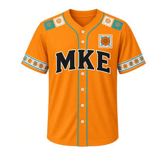 Load image into Gallery viewer, South Side Papel Picado Milwaukee Baseball Jersey in Marigold Orange, front view – papel picado flag row and marigold-tile crest, custom name and number