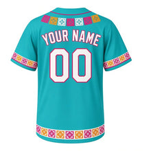 Load image into Gallery viewer, South Side Papel Picado Milwaukee Baseball Jersey in Talavera Turquoise, back view with your name and number – tile-pattern stripe sleeves