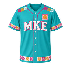 Load image into Gallery viewer, South Side Papel Picado Milwaukee Baseball Jersey in Talavera Turquoise, front view – papel picado flag row and marigold-tile crest, custom name and number