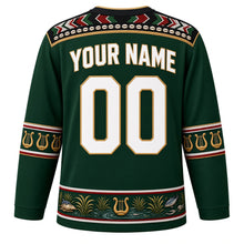 Load image into Gallery viewer, South Sudan Original Hockey Jersey in Sudd Green, back view with your name and number – Dinka beadwork yoke and cattle-horn sleeve bands