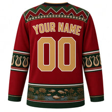 Load image into Gallery viewer, South Sudan Original Hockey Jersey in Beadwork Red, back view with your name and number – Dinka beadwork yoke and cattle-horn sleeve bands