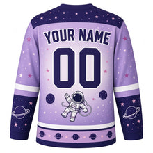 Load image into Gallery viewer, Spacewalk Explorer Original Hockey Jersey in Nebula Lavender, back view with your name and number – star-pattern yoke and orbit-ring sleeve bands