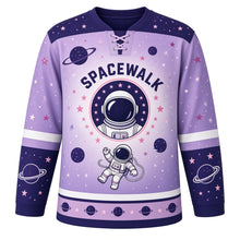 Load image into Gallery viewer, Spacewalk Explorer Original Hockey Jersey in Nebula Lavender, front view – floating astronaut on a tether with ringed planet and astronaut-helmet crest, custom name and number