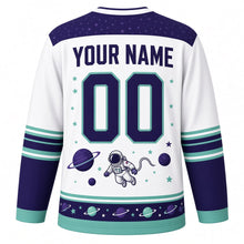 Load image into Gallery viewer, Spacewalk Explorer Original Hockey Jersey in Starlight White, back view with your name and number – star-pattern yoke and orbit-ring sleeve bands
