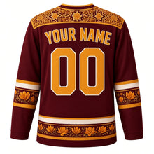 Load image into Gallery viewer, Spain Original Hockey Jersey in Bodega Burgundy, back view with your name and number – azulejo tile yoke and flamenco-ruffle sleeve bands