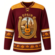 Load image into Gallery viewer, Spain Original Hockey Jersey in Bodega Burgundy, front view – ornate horseshoe-arch crest with flamenco guitar, castanets and paella, azulejo tile yoke, detailed artwork, custom name and number