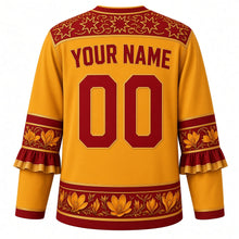 Load image into Gallery viewer, Spain Original Hockey Jersey in Saffron Gold, back view with your name and number – azulejo tile yoke and flamenco-ruffle sleeve bands