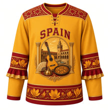 Load image into Gallery viewer, Spain Original Hockey Jersey in Saffron Gold, front view – ornate horseshoe-arch crest with flamenco guitar, castanets and paella, azulejo tile yoke, detailed artwork, custom name and number