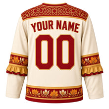 Load image into Gallery viewer, Spain Original Hockey Jersey in Castile Ivory, back view with your name and number – azulejo tile yoke and flamenco-ruffle sleeve bands