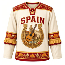 Load image into Gallery viewer, Spain Original Hockey Jersey in Castile Ivory, front view – ornate horseshoe-arch crest with flamenco guitar, castanets and paella, azulejo tile yoke, detailed artwork, custom name and number