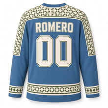 Load image into Gallery viewer, Spain Mosaic Tile Original Hockey Jersey in Azulejo Blue, back view with your name and number