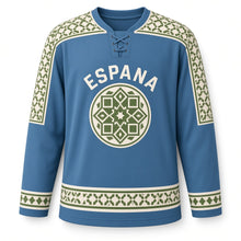 Load image into Gallery viewer, Spain Mosaic Tile Original Hockey Jersey in Azulejo Blue, front view – custom name and number