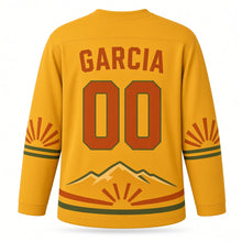 Load image into Gallery viewer, Spain Pyrenees Peaks Original Hockey Jersey in Saffron Gold, back view with your name and number
