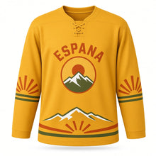 Load image into Gallery viewer, Spain Pyrenees Peaks Original Hockey Jersey in Saffron Gold, front view – custom name and number