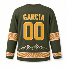 Load image into Gallery viewer, Spain Pyrenees Peaks Original Hockey Jersey in Olive Grove, back view with your name and number