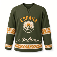 Load image into Gallery viewer, Spain Pyrenees Peaks Original Hockey Jersey in Olive Grove, front view – custom name and number