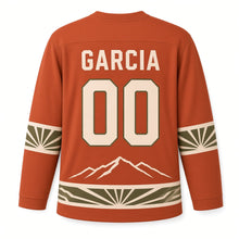 Load image into Gallery viewer, Spain Pyrenees Peaks Original Hockey Jersey in Sierra Terracotta, back view with your name and number