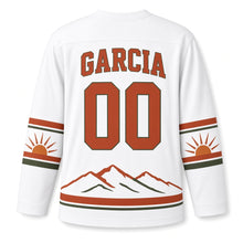Load image into Gallery viewer, Spain Pyrenees Peaks Original Hockey Jersey in Snow White, back view with your name and number