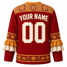 Load image into Gallery viewer, Spain Original Hockey Jersey in Rioja Red, back view with your name and number – azulejo tile yoke and flamenco-ruffle sleeve bands