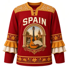 Load image into Gallery viewer, Spain Original Hockey Jersey in Rioja Red, front view – ornate horseshoe-arch crest with flamenco guitar, castanets and paella, azulejo tile yoke, detailed artwork, custom name and number