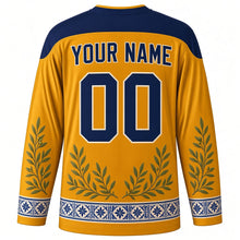 Load image into Gallery viewer, Spanish Constitution Day Original Hockey Jersey in Saffron Gold, back view with custom YOUR NAME and 00