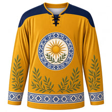 Load image into Gallery viewer, Spanish Constitution Day Original Hockey Jersey in Saffron Gold, front view with themed artwork and clean crest