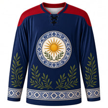 Load image into Gallery viewer, Spanish Constitution Day Original Hockey Jersey in Deep Navy, front view with themed artwork and clean crest