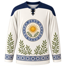 Load image into Gallery viewer, Spanish Constitution Day Original Hockey Jersey in Ivory White, front view with themed artwork and clean crest