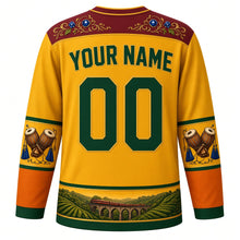 Load image into Gallery viewer, Sri Lanka Original Hockey Jersey in Kandyan Gold, back view with your name and number – tea-leaf vine yoke and geta bera drum sleeve bands