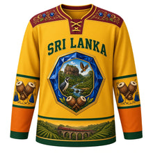 Load image into Gallery viewer, Sri Lanka Original Hockey Jersey in Kandyan Gold, front view – ornate sapphire-cut hexagon crest with Sigiriya rock, junglefowl and geta bera drums, tea-vine yoke, detailed artwork, custom name and number