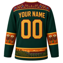 Load image into Gallery viewer, Sri Lanka Original Hockey Jersey in Highland Tea Green, back view with your name and number – tea-leaf vine yoke and geta bera drum sleeve bands