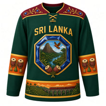 Load image into Gallery viewer, Sri Lanka Original Hockey Jersey in Highland Tea Green, front view – ornate sapphire-cut hexagon crest with Sigiriya rock, junglefowl and geta bera drums, tea-vine yoke, detailed artwork, custom name and number