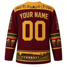 Load image into Gallery viewer, Sri Lanka Original Hockey Jersey in Ceylon Maroon, back view with your name and number – tea-leaf vine yoke and geta bera drum sleeve bands