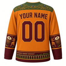 Load image into Gallery viewer, Sri Lanka Original Hockey Jersey in Sigiriya Orange, back view with your name and number – tea-leaf vine yoke and geta bera drum sleeve bands