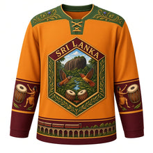 Load image into Gallery viewer, Sri Lanka Original Hockey Jersey in Sigiriya Orange, front view – ornate sapphire-cut hexagon crest with Sigiriya rock, junglefowl and geta bera drums, tea-vine yoke, detailed artwork, custom name and number