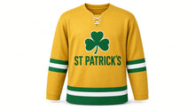 Load image into Gallery viewer, St. Patrick's Day Original Hockey Jersey in Gold, front view – custom name and number
