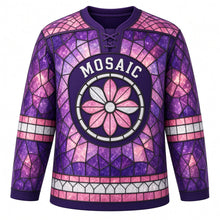 Load image into Gallery viewer, Stained Glass Mosaic Original Hockey Jersey in Amethyst Rose, front view – glowing stained glass mosaic tiles with rose-window crest, custom name and number