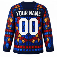 Load image into Gallery viewer, Stained Glass Mosaic Original Hockey Jersey in Cathedral Night, back view with your name and number – diamond-tile yoke and glass-tile sleeve stripes