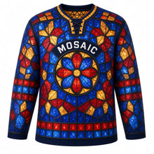 Load image into Gallery viewer, Stained Glass Mosaic Original Hockey Jersey in Cathedral Night, front view – glowing stained glass mosaic tiles with rose-window crest, custom name and number