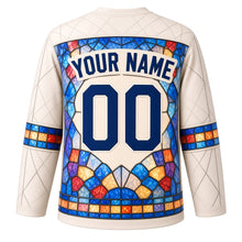 Load image into Gallery viewer, Stained Glass Mosaic Original Hockey Jersey in Ivory Glass, back view with your name and number – diamond-tile yoke and glass-tile sleeve stripes